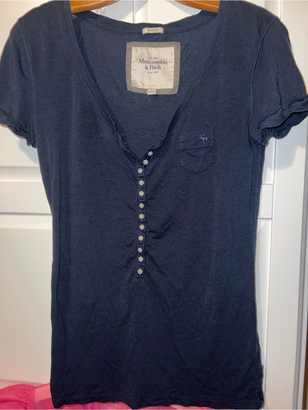 🍭$10Gift🥰Abercrombie & Fitch Women's midnight Navy Logo Short Sleeve Henley Top